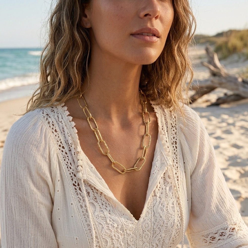 Matte Brass Tone Chunky Link Necklace
